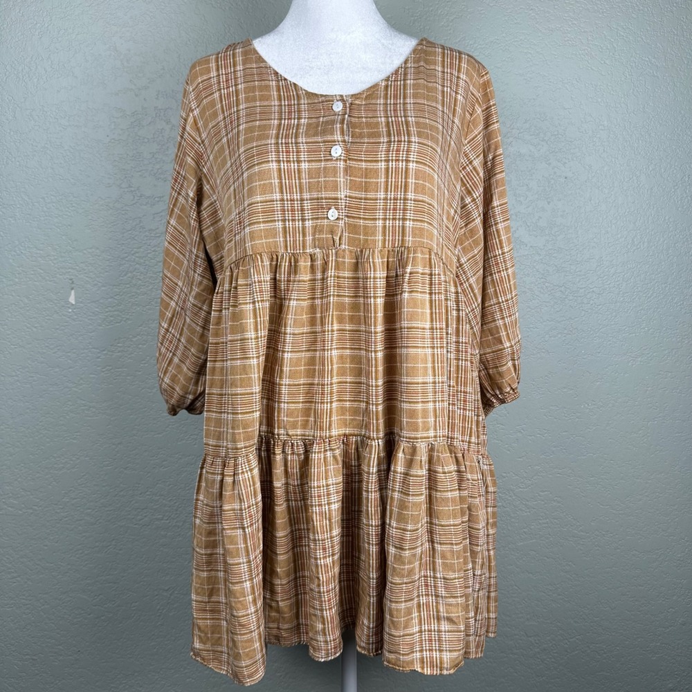 For Good Tiered Tunic Dress Women L Plaid Babydoll Button Front Cottagecore Boho